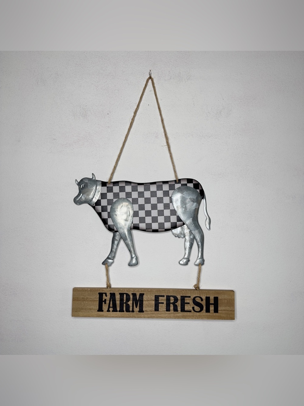 Farm Fresh Checkered Cow Hanging Farmhouse Sign Wall Decor Door Hanger